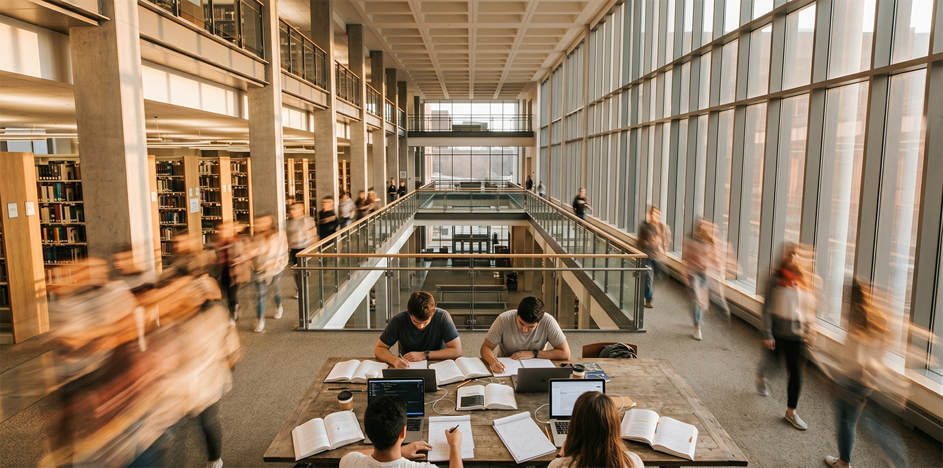 Des étudiants en mouvement dans un hall universitaire, capturés en pose longue